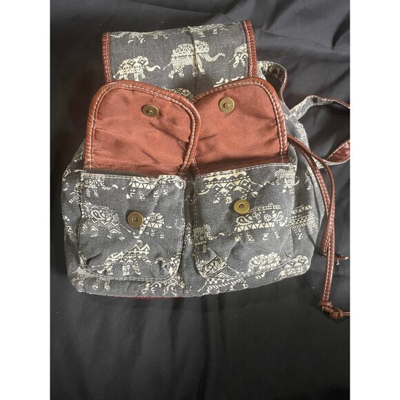 ELEPHANT PRINT BACKPACK, BLUE CANVAS, TAN FAUX LEATHER DETAIL, POCKETS - Picture 5 of 7